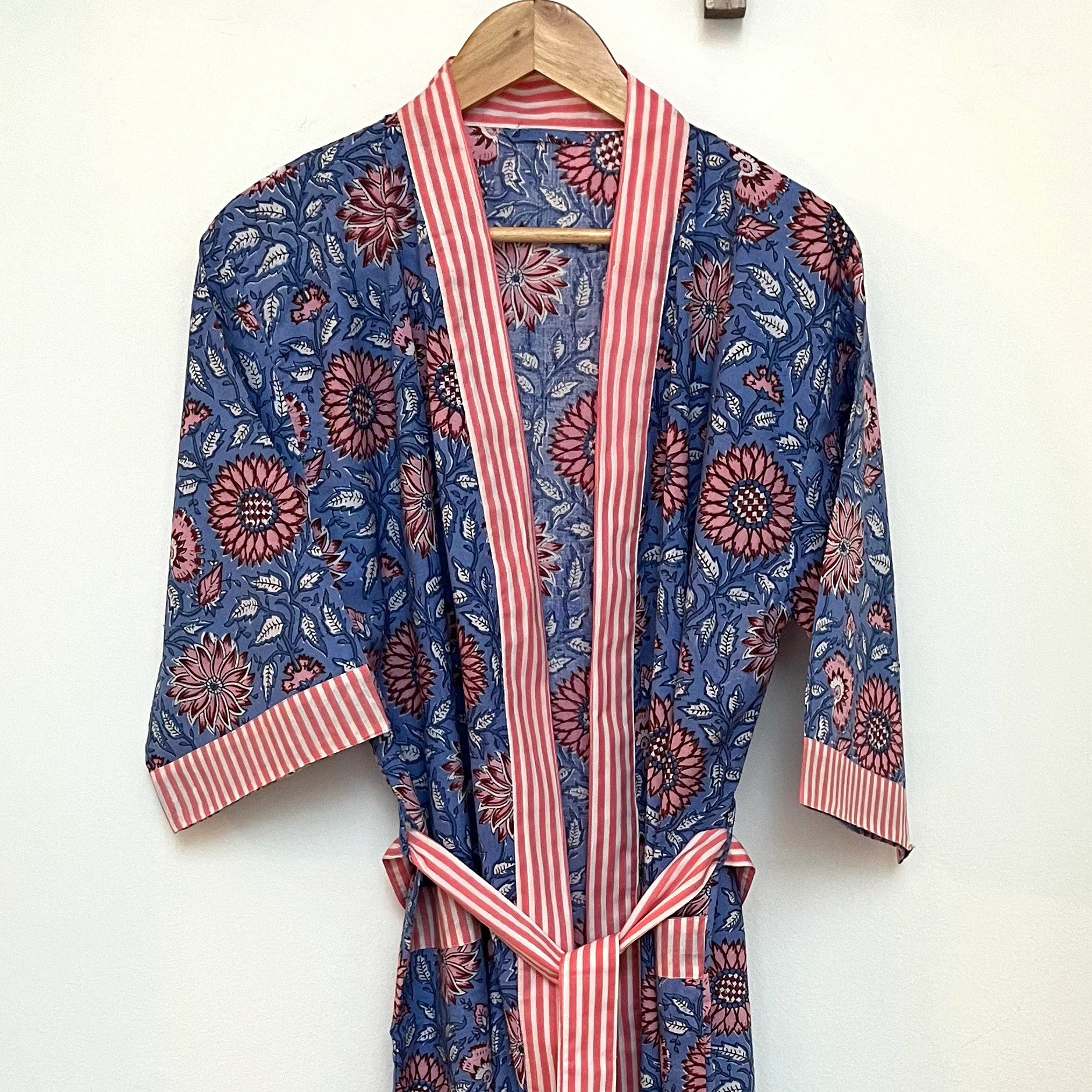 COTTON  BLOCK PRINT KIMONO - BLUE  AND SALMON PINK