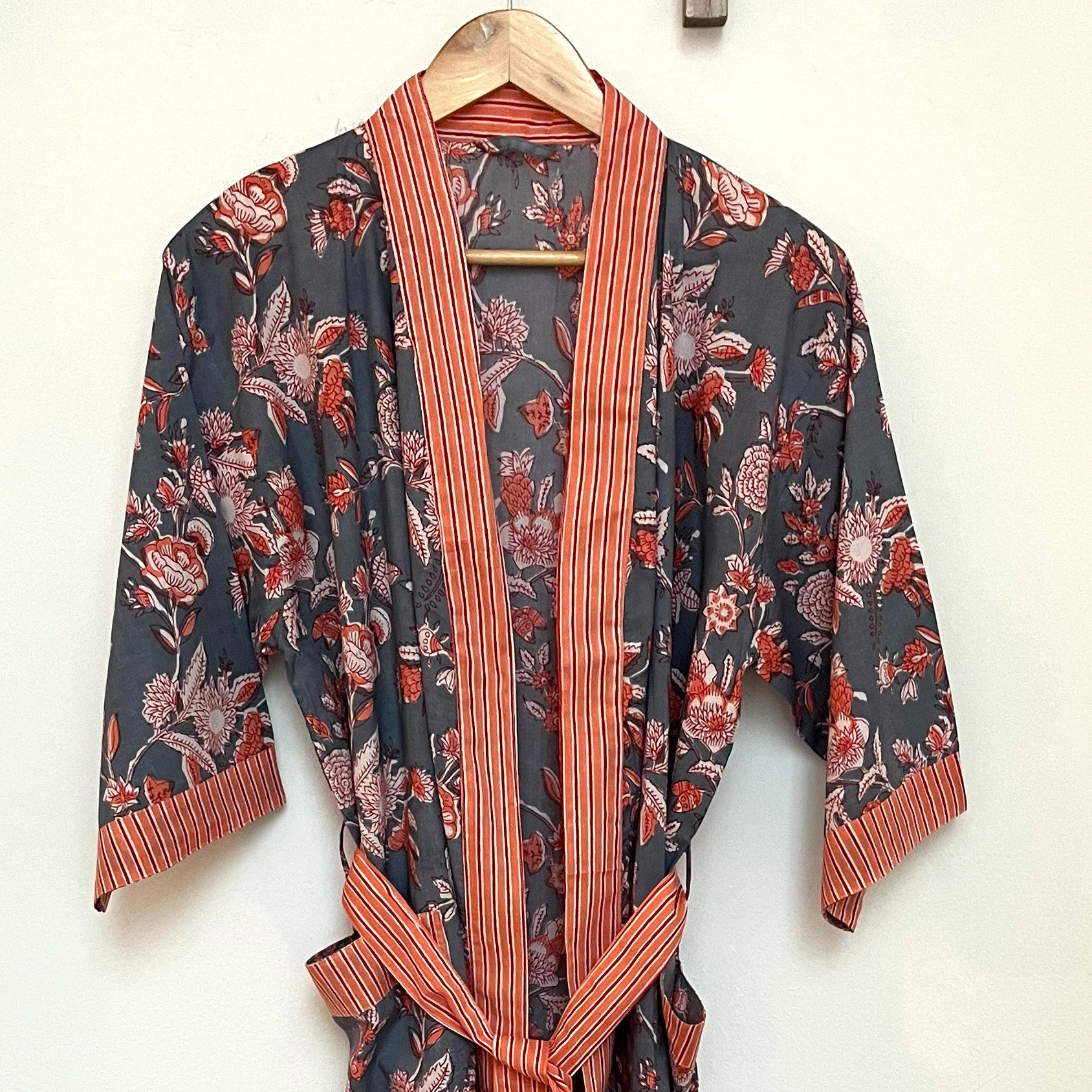 COTTON BLOCK PRINT KIMONO - BURNT ORANGE AND BLUE