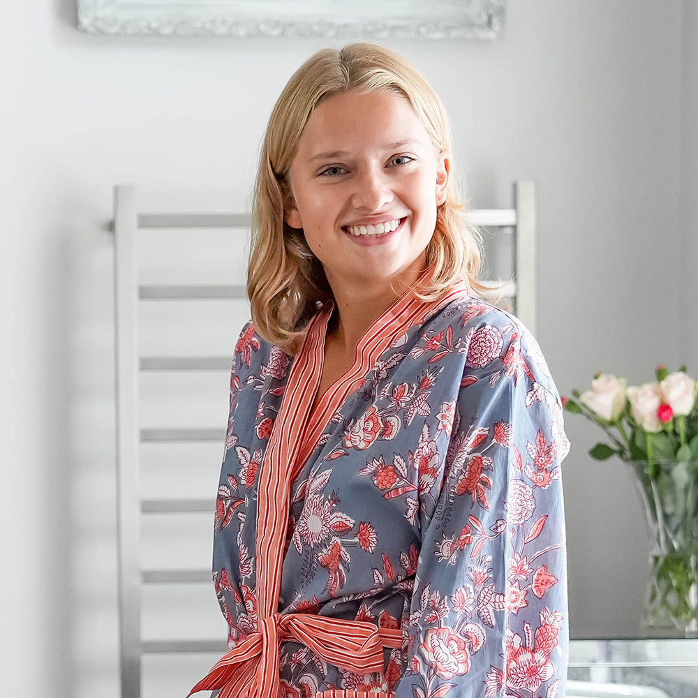 COTTON BLOCK PRINT KIMONO - BURNT ORANGE AND BLUE