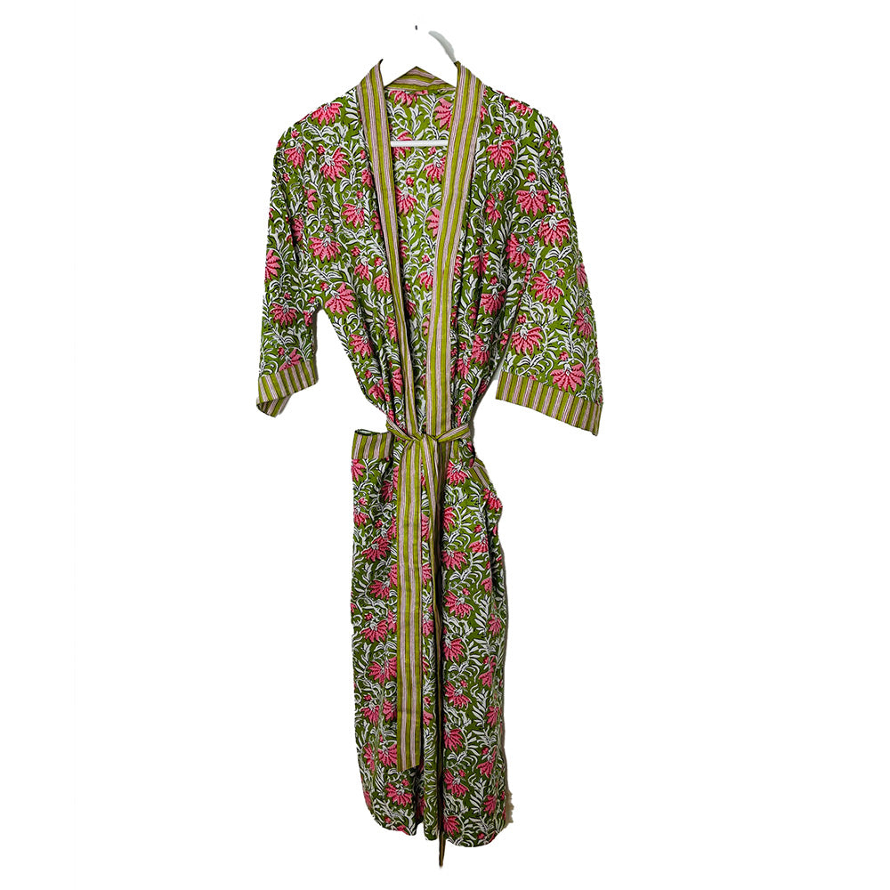 HAND  PRINTED ROBE - GREEN / HOT PINK