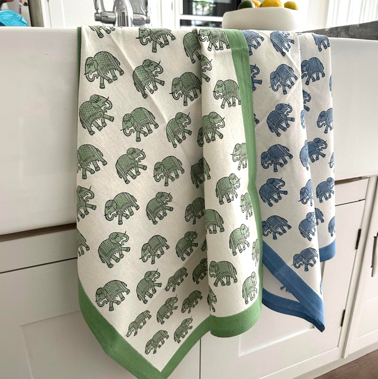 HAND BLOCKED TEA TOWEL - GREEN ELEPHANT