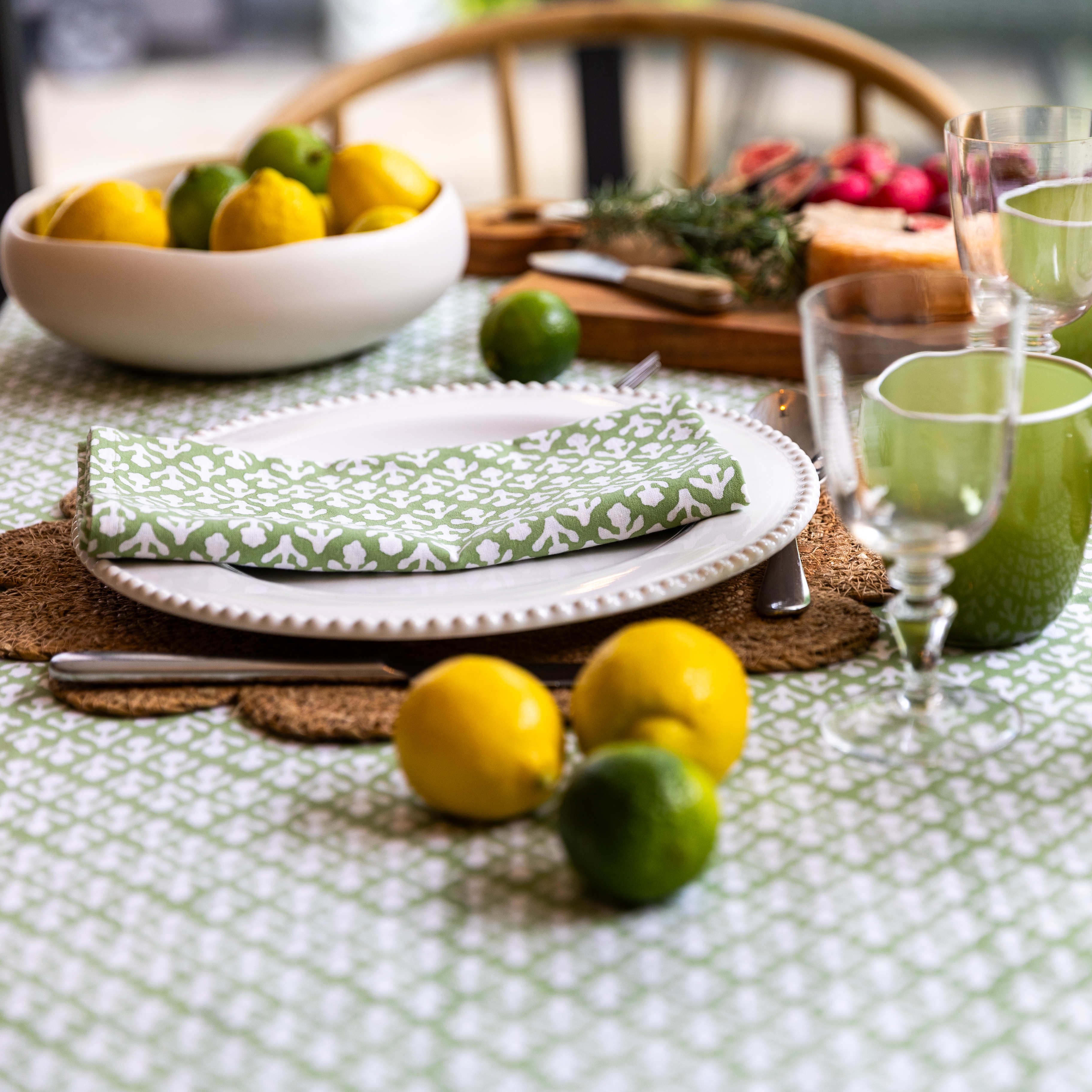 HAND BLOCK TABLECLOTH - SAGE GREEN MOTIF