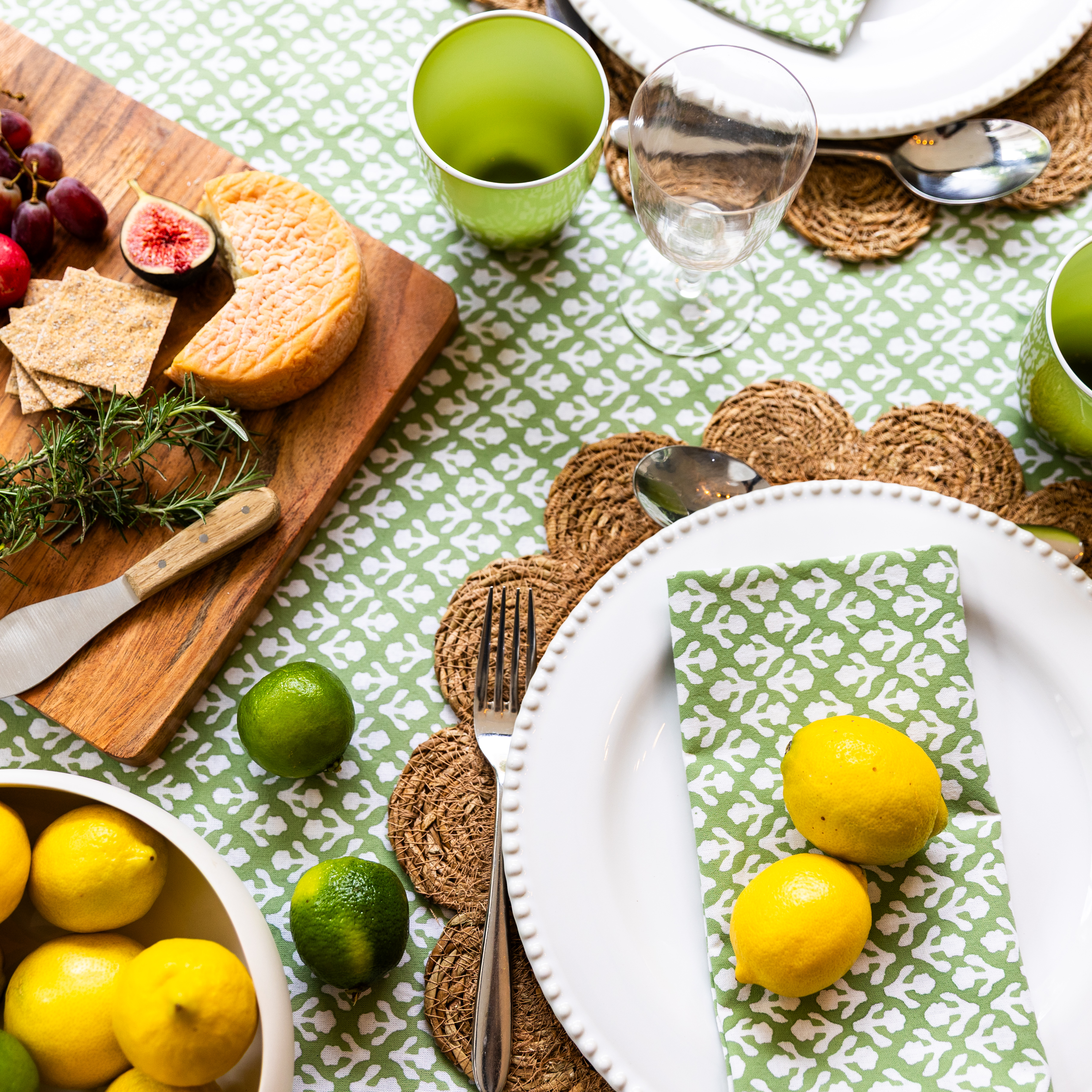 HAND BLOCK TABLECLOTH - SAGE GREEN MOTIF