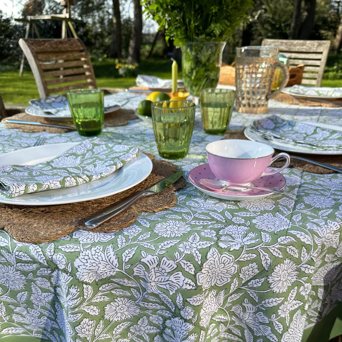 HAND BLOCK TABLECLOTH - SAGE GREEN FLORAL