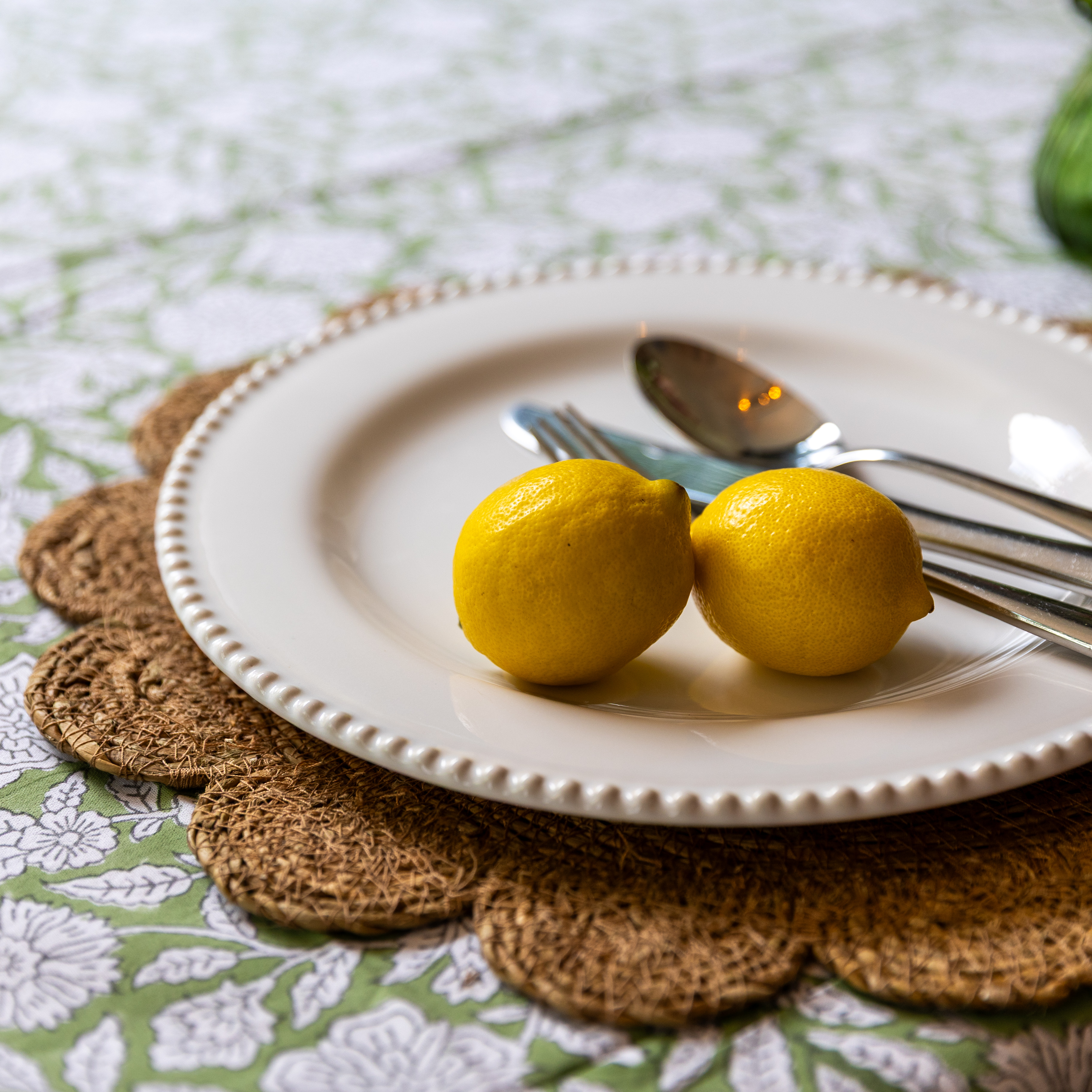 HAND BLOCK TABLECLOTH - SAGE GREEN FLORAL