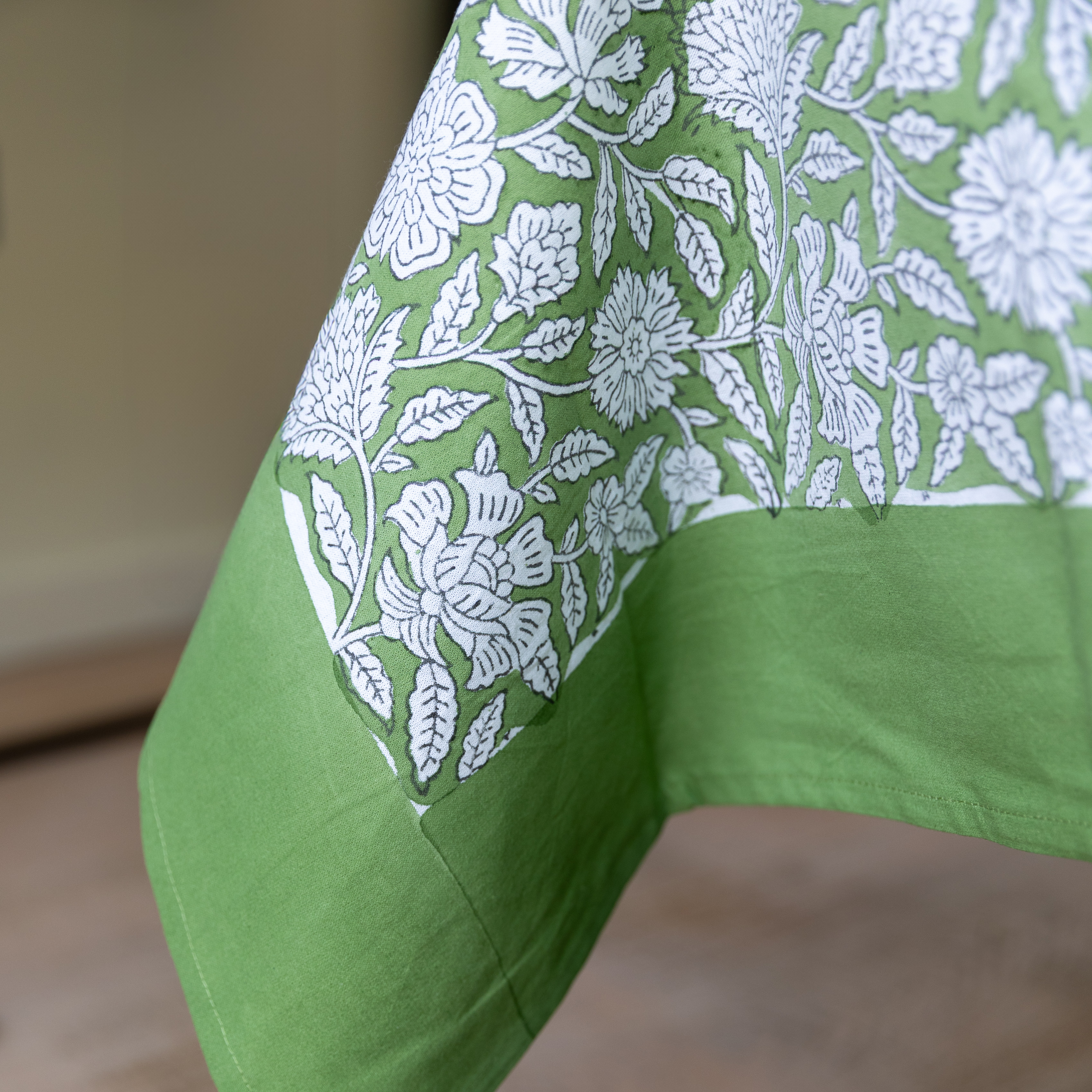 HAND BLOCK TABLECLOTH - SAGE GREEN FLORAL