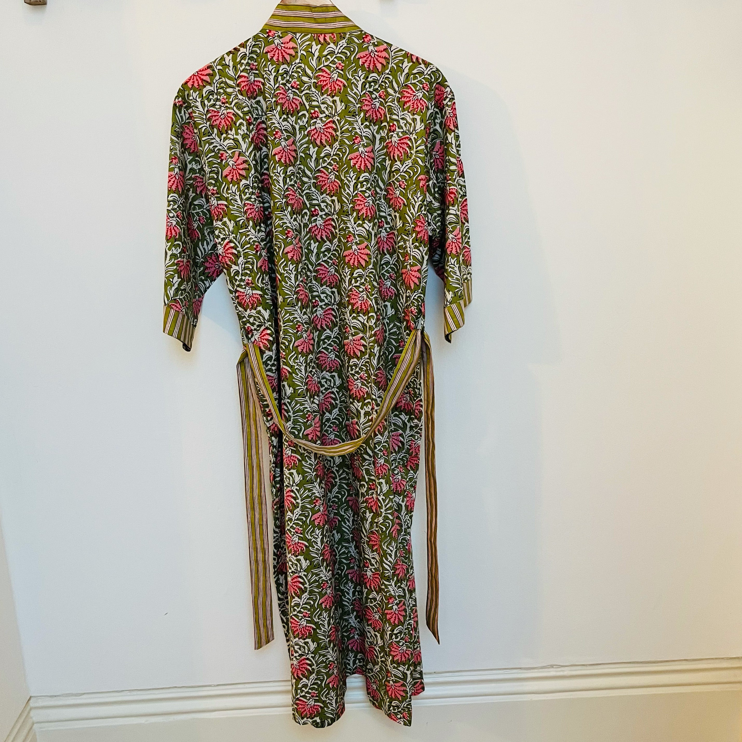 COTTON BLOCK PRINT KIMONO - GREEN AND PINK