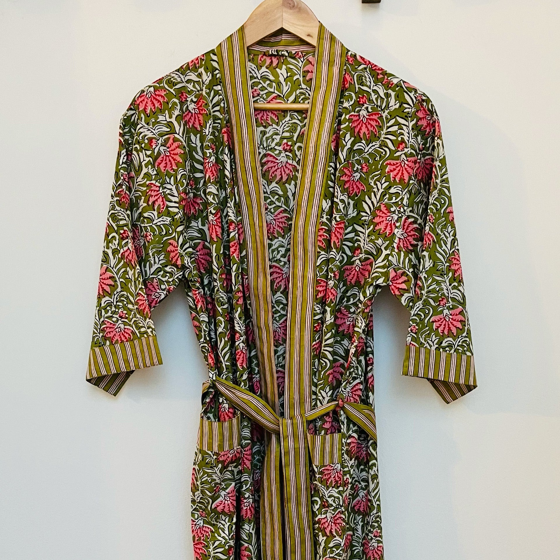 COTTON BLOCK PRINT KIMONO - GREEN AND PINK