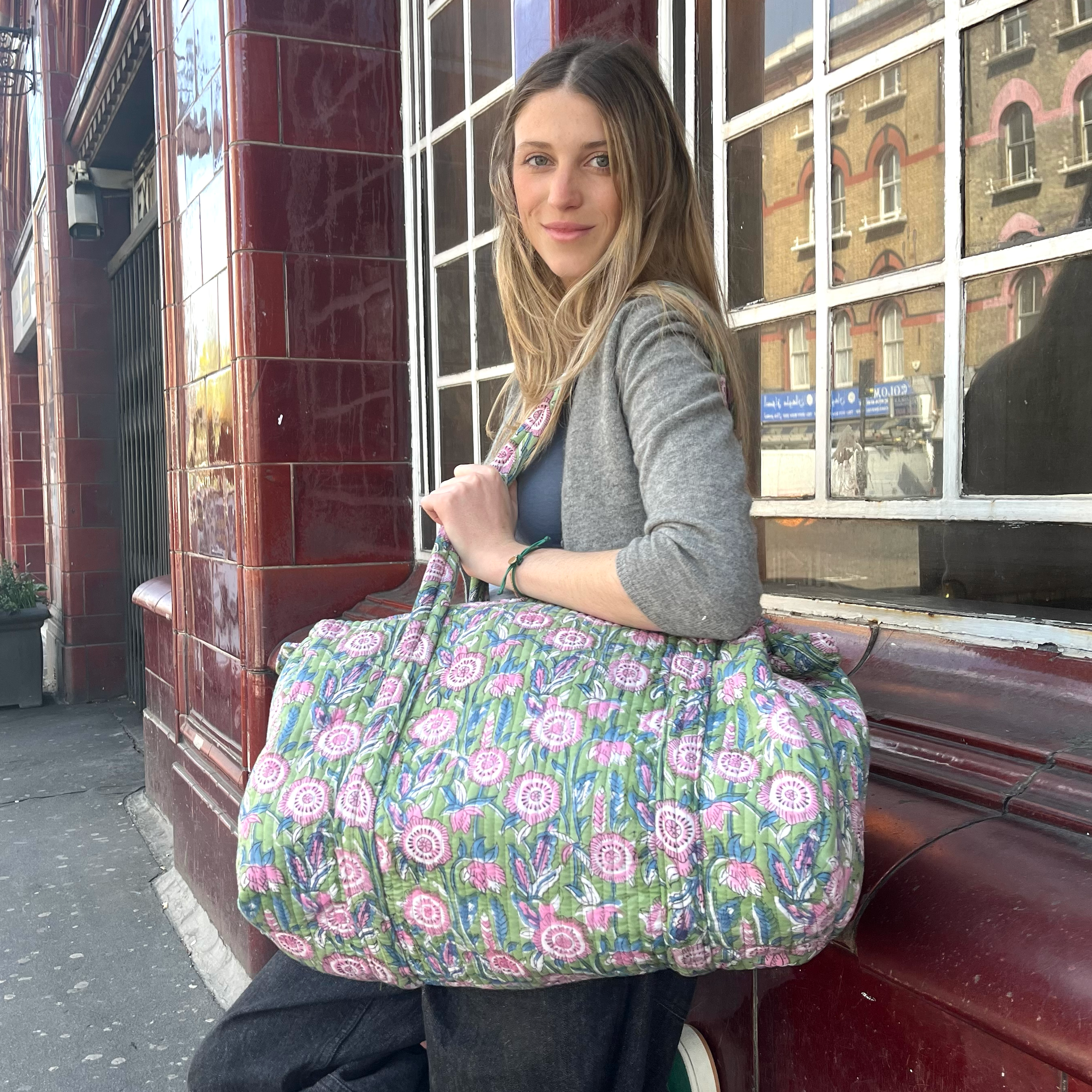 WEEKEND BAG - GREEN AND PINK FLOWER