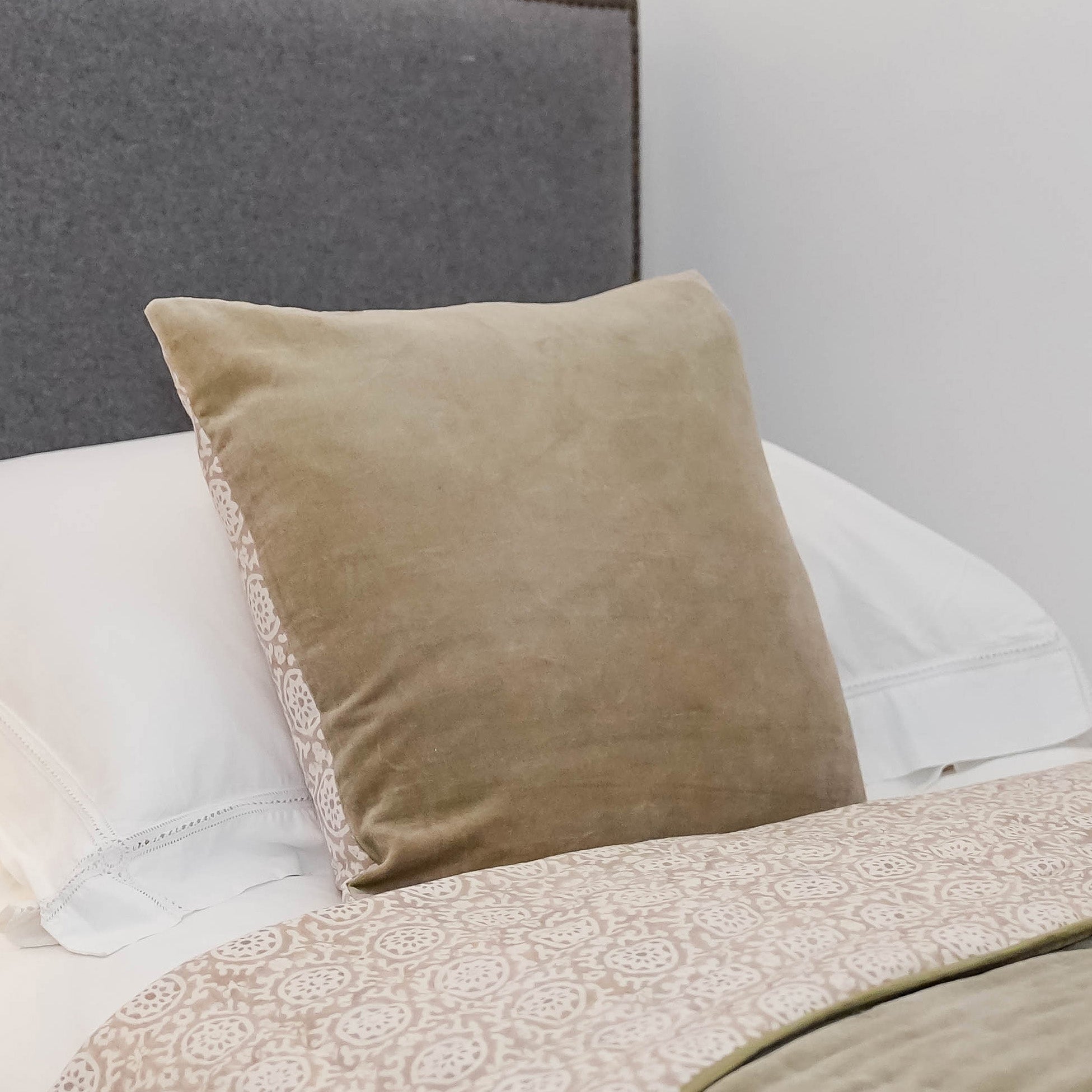 PURE VELVET AND HAND BLOCK COTTON CUSHION - DOVE GREY
