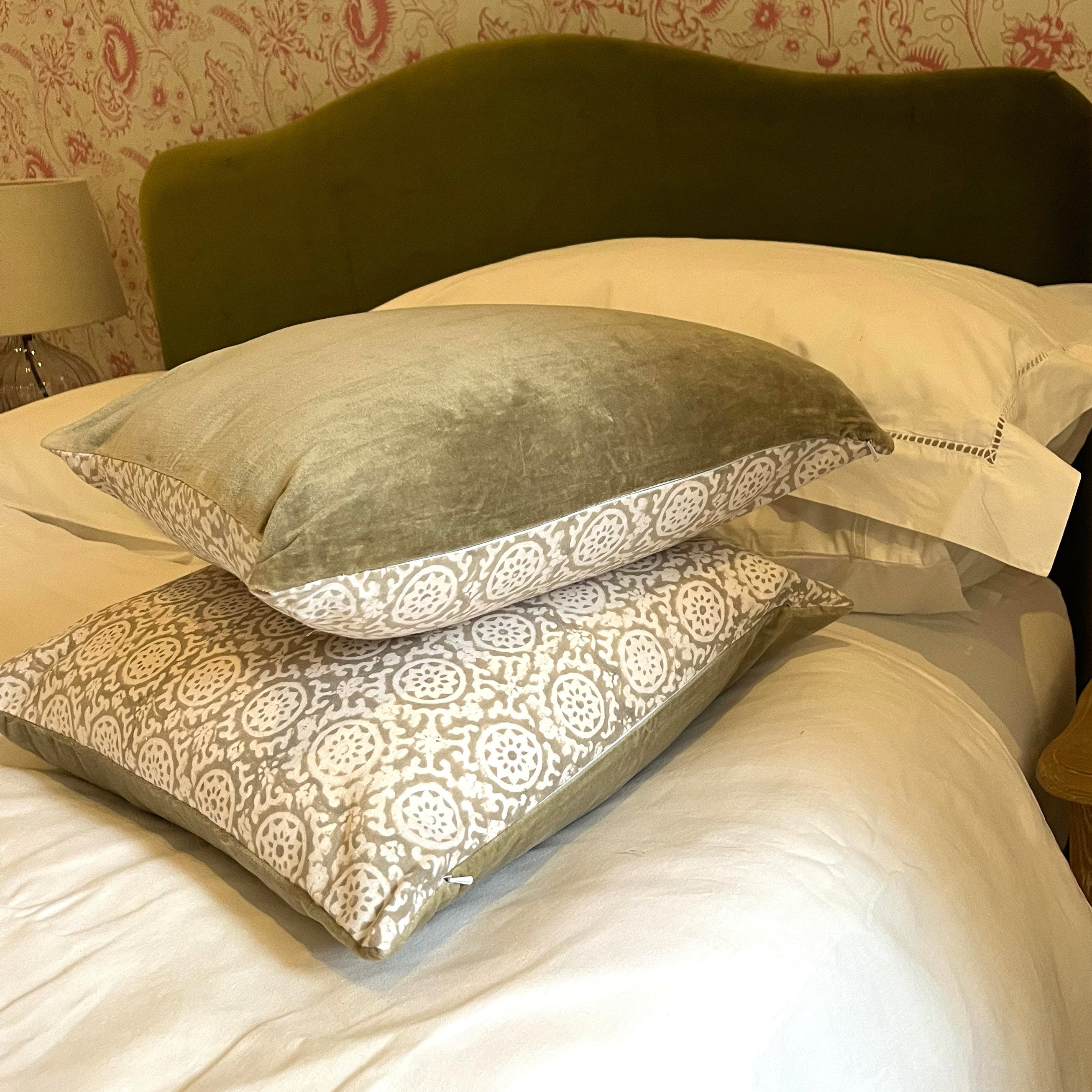 PURE VELVET AND HAND BLOCK COTTON CUSHION - DOVE GREY