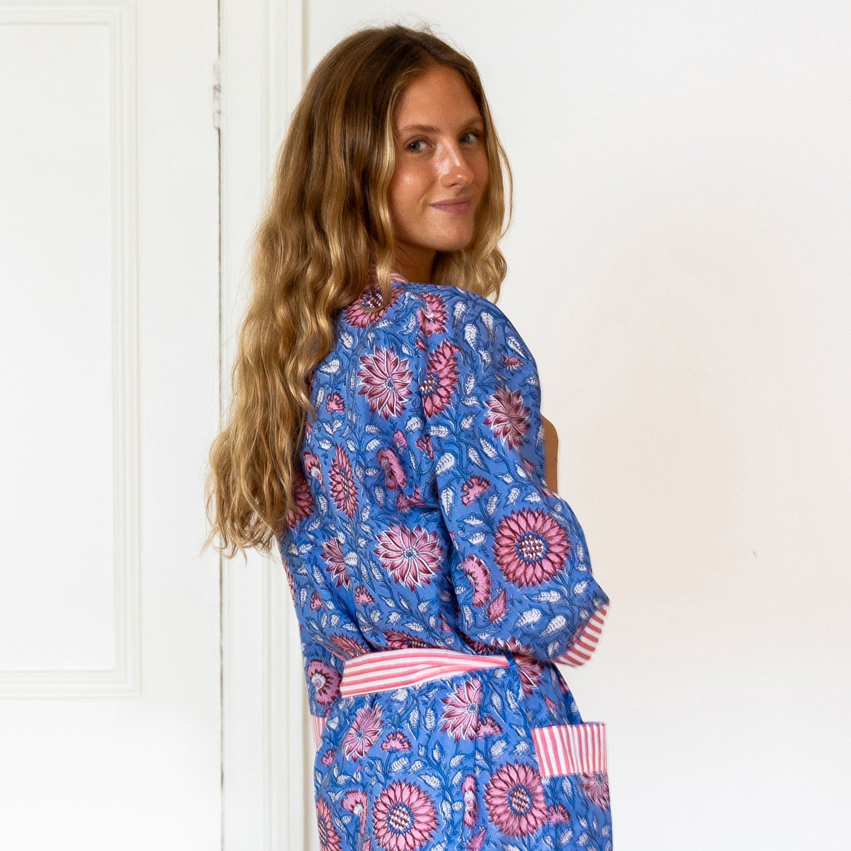 COTTON  BLOCK PRINT KIMONO - BLUE  AND SALMON PINK