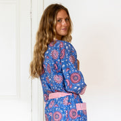 COTTON  BLOCK PRINT KIMONO - BLUE  AND SALMON PINK