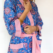 COTTON  BLOCK PRINT KIMONO - BLUE  AND SALMON PINK