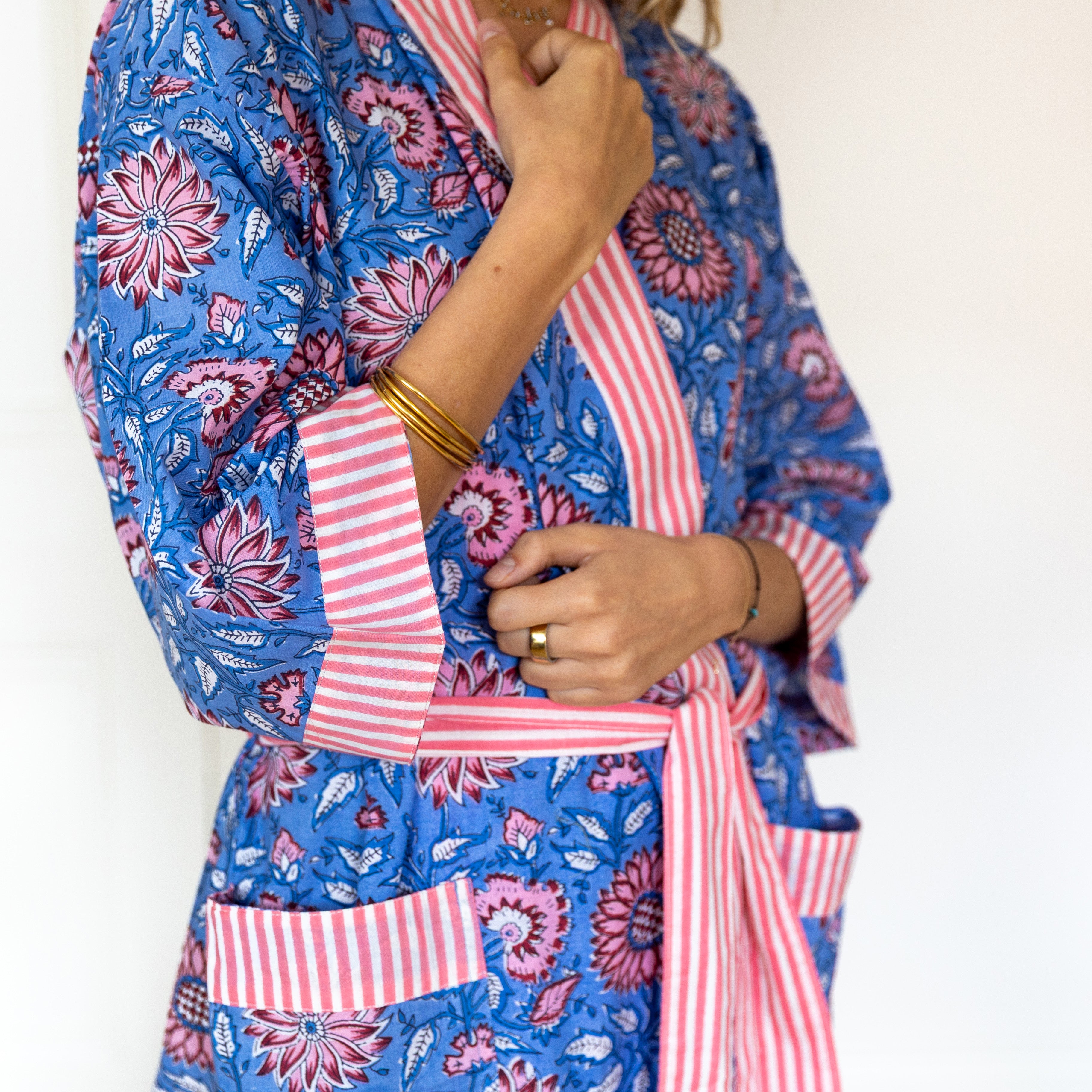 COTTON  BLOCK PRINT KIMONO - BLUE  AND SALMON PINK