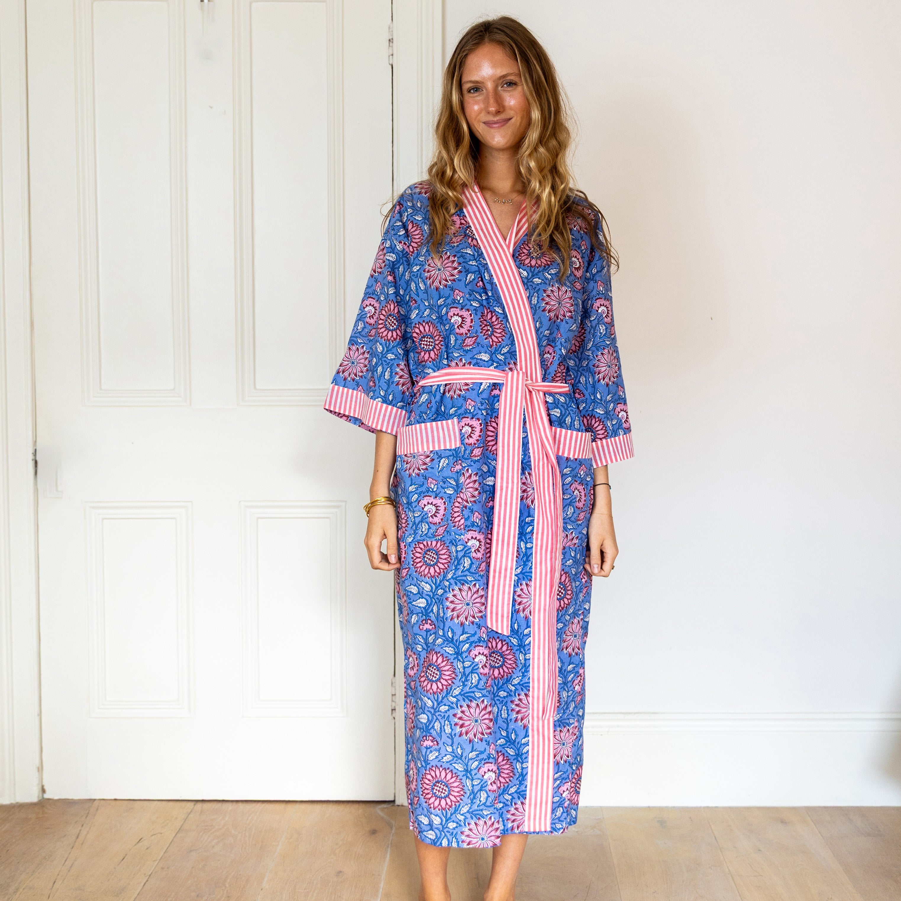 COTTON  BLOCK PRINT KIMONO - BLUE  AND SALMON PINK