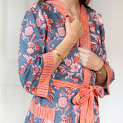 COTTON BLOCK PRINT KIMONO - BURNT ORANGE AND BLUE