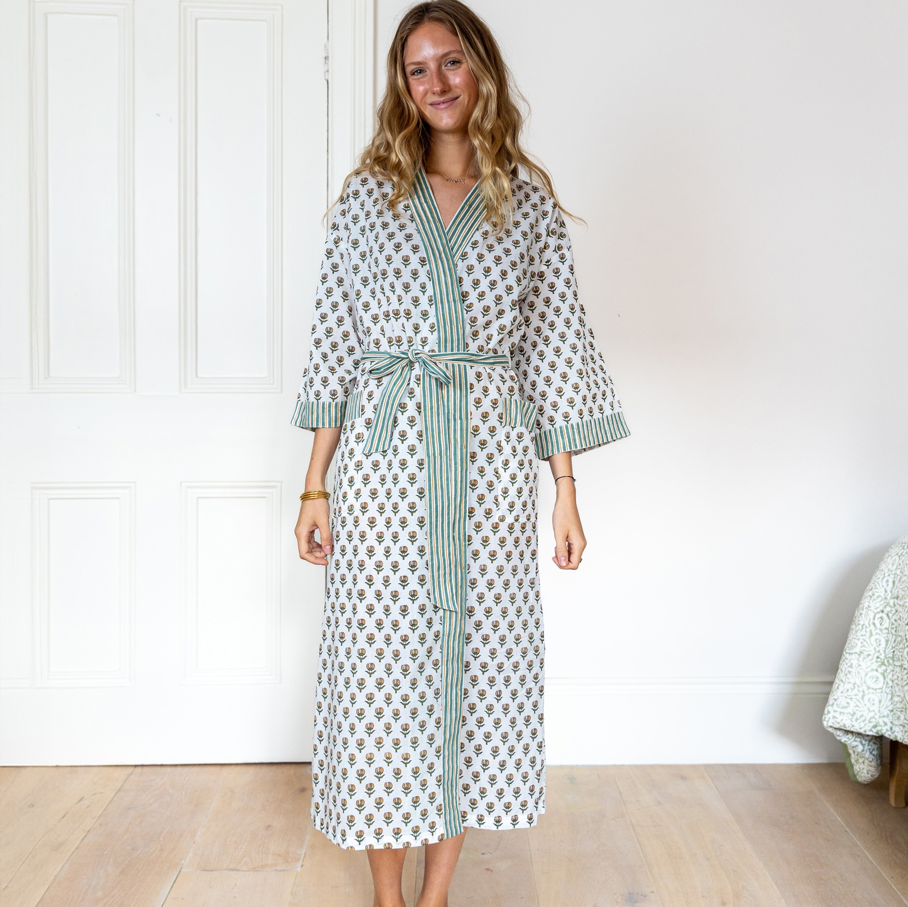 COTTON BLOCK PRINT KIMONO - GREEN FLOWER