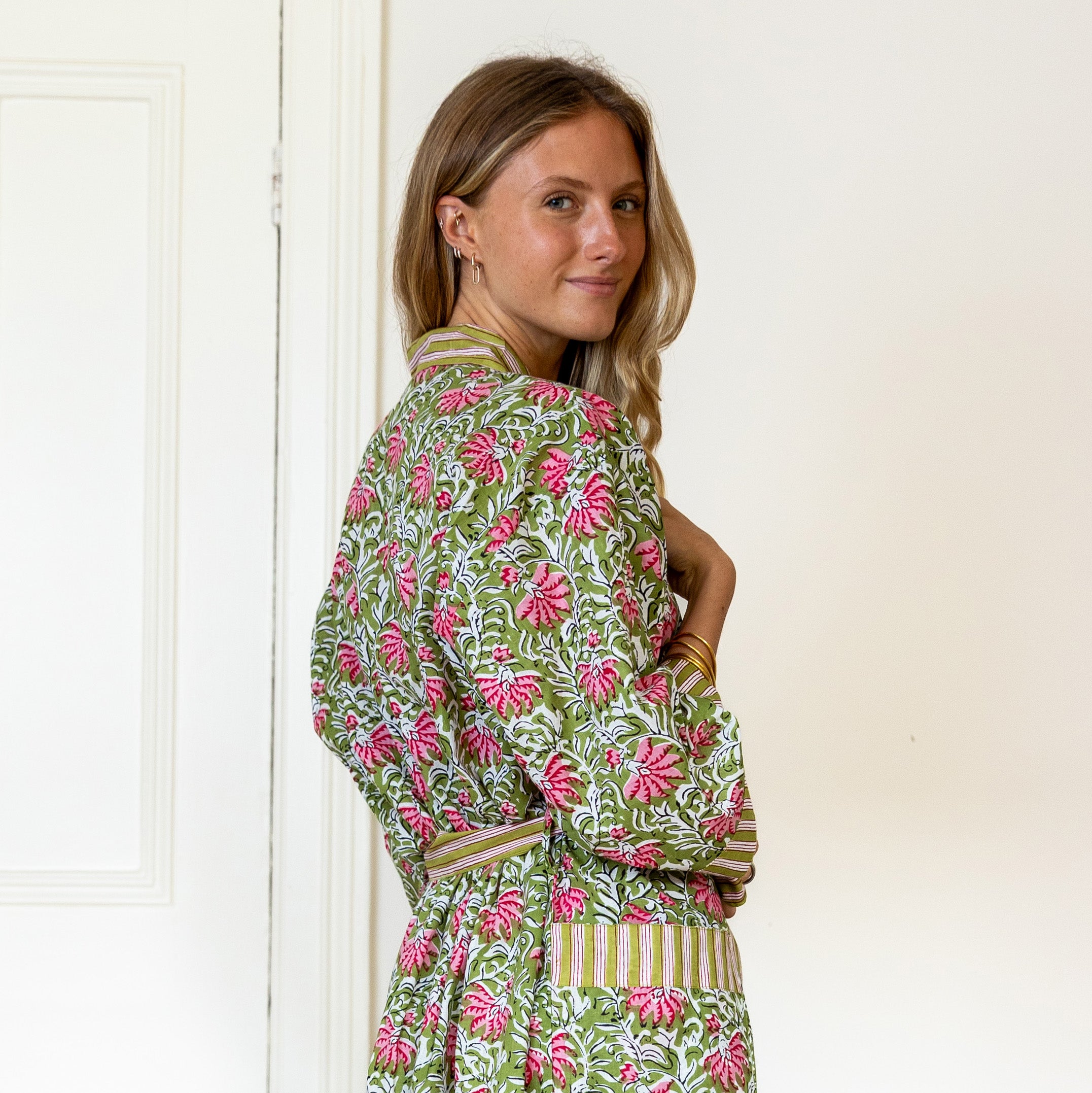 COTTON BLOCK PRINT KIMONO - GREEN AND PINK