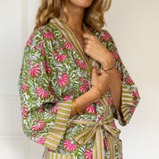 COTTON BLOCK PRINT KIMONO - GREEN AND PINK