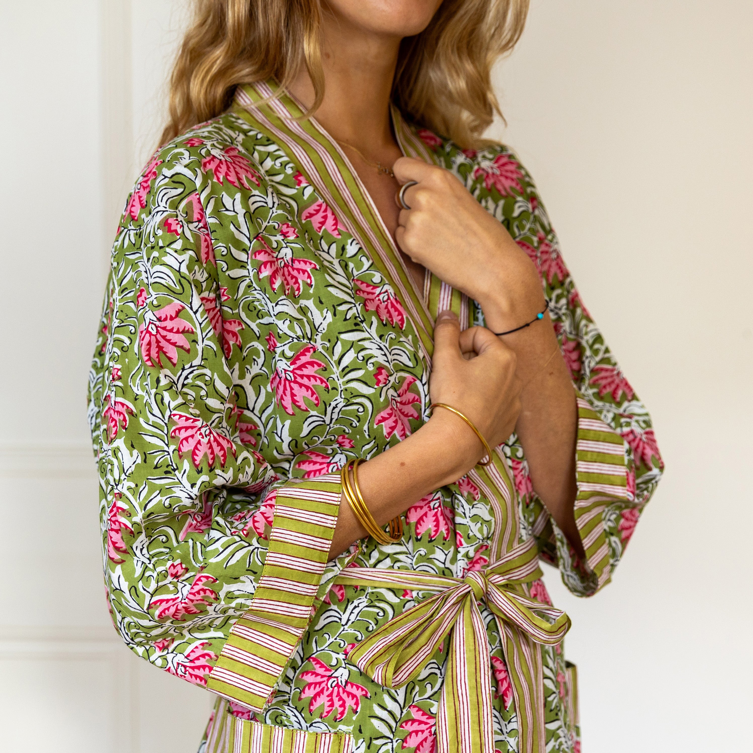 COTTON BLOCK PRINT KIMONO - GREEN AND PINK