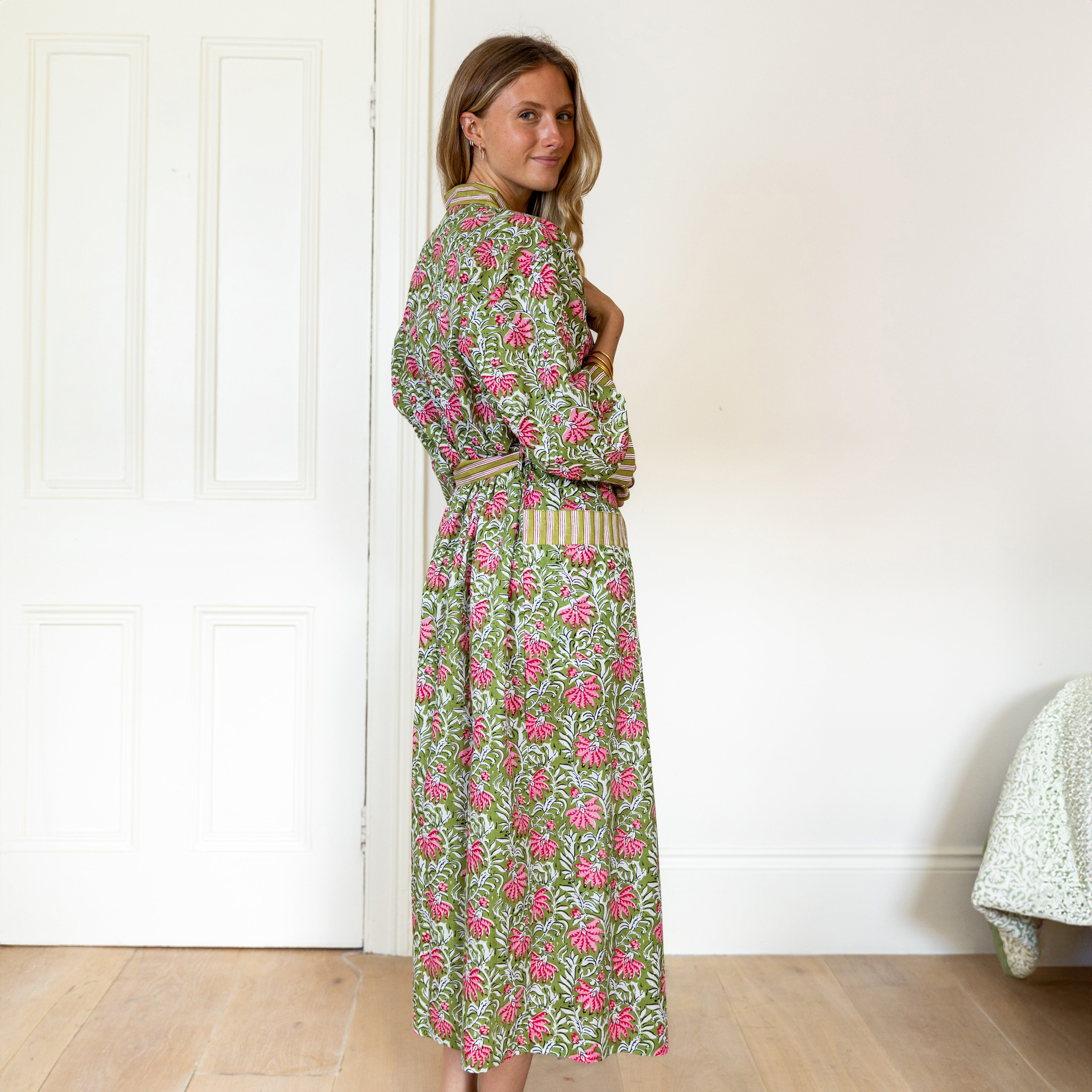 COTTON BLOCK PRINT KIMONO - GREEN AND PINK