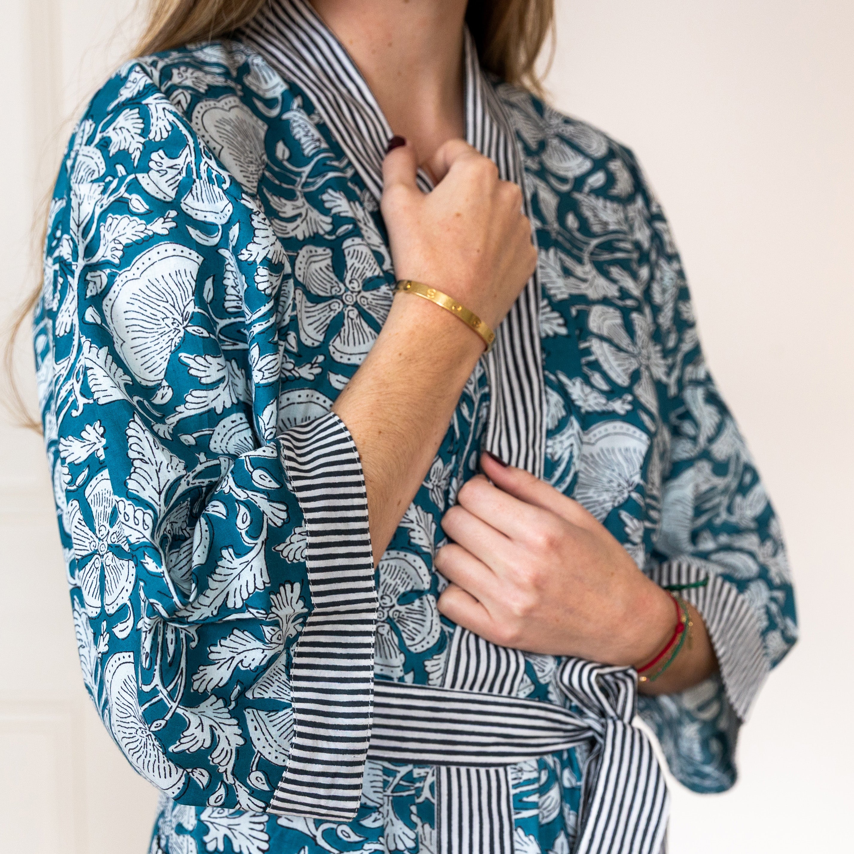 COTTON BLOCK PRINT KIMONO - NAVY AND WHITE