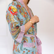 COTTON BLOCK PRINT KIMONO - PALE BLUE FLORAL