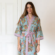COTTON BLOCK PRINT KIMONO - PALE BLUE FLORAL