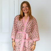 COTTON BLOCK PRINT KIMONO - PALE PINK AND GREEN
