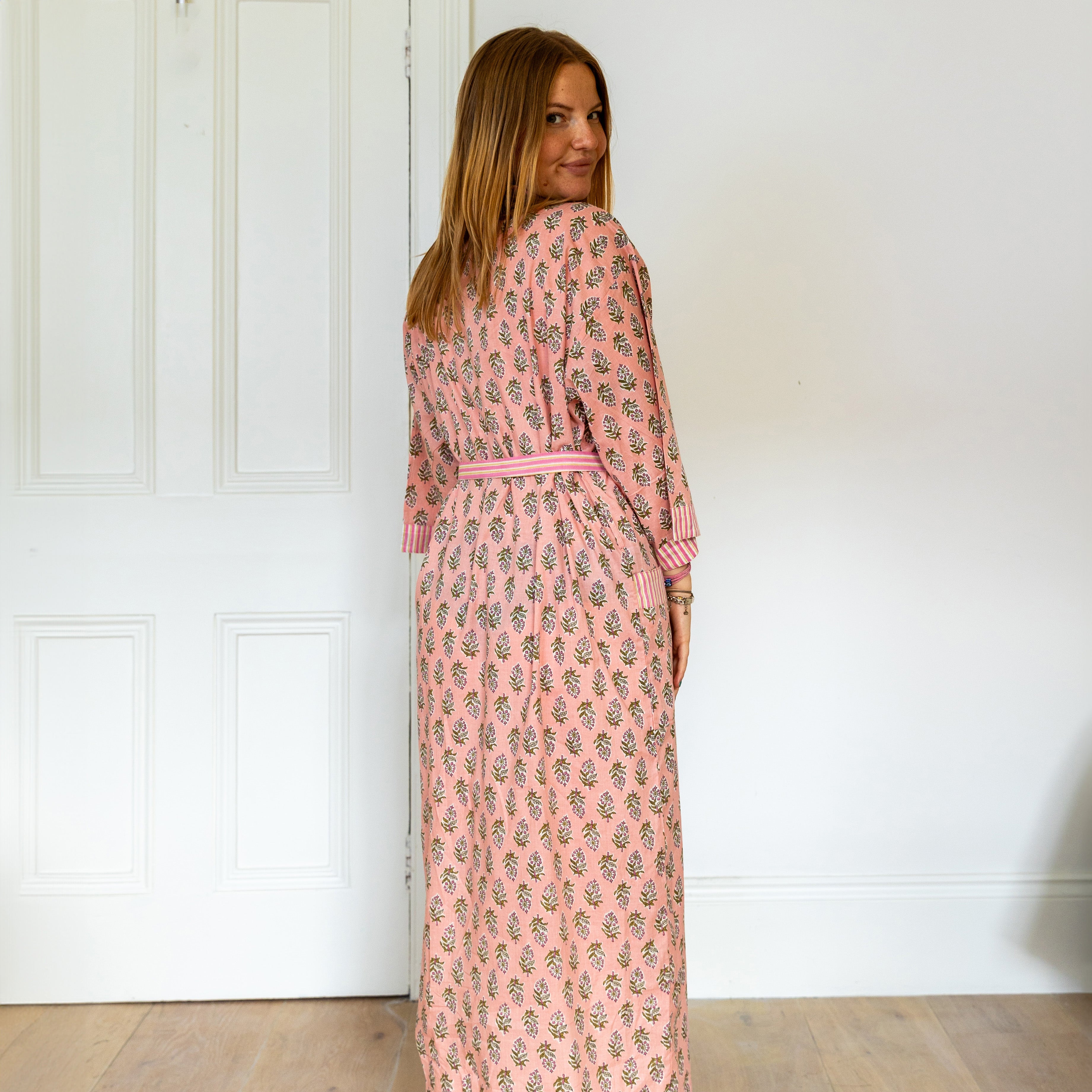 COTTON BLOCK PRINT KIMONO - PALE PINK AND GREEN