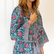 COTTON BLOCK PRINT KIMONO - PETROL BLUE AND PINK