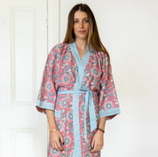 COTTON BLOCK PRINT KIMONO - ROSE AND POWDER BLUE
