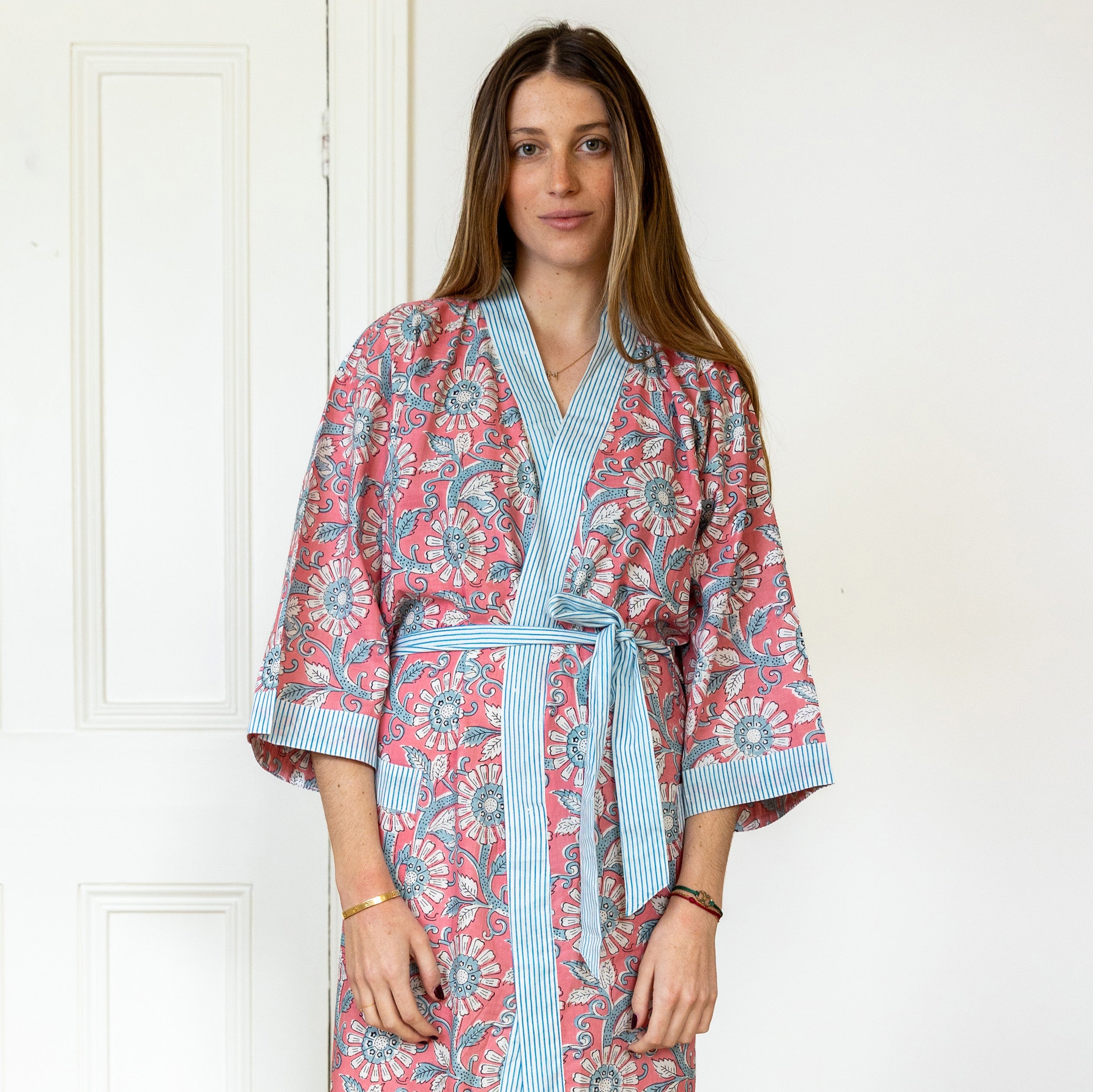 COTTON BLOCK PRINT KIMONO - ROSE AND POWDER BLUE