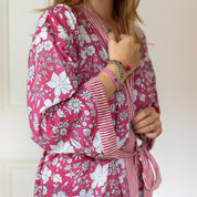 COTTON BLOCK PRINT KIMONO - ROSE PINK AND WHITE