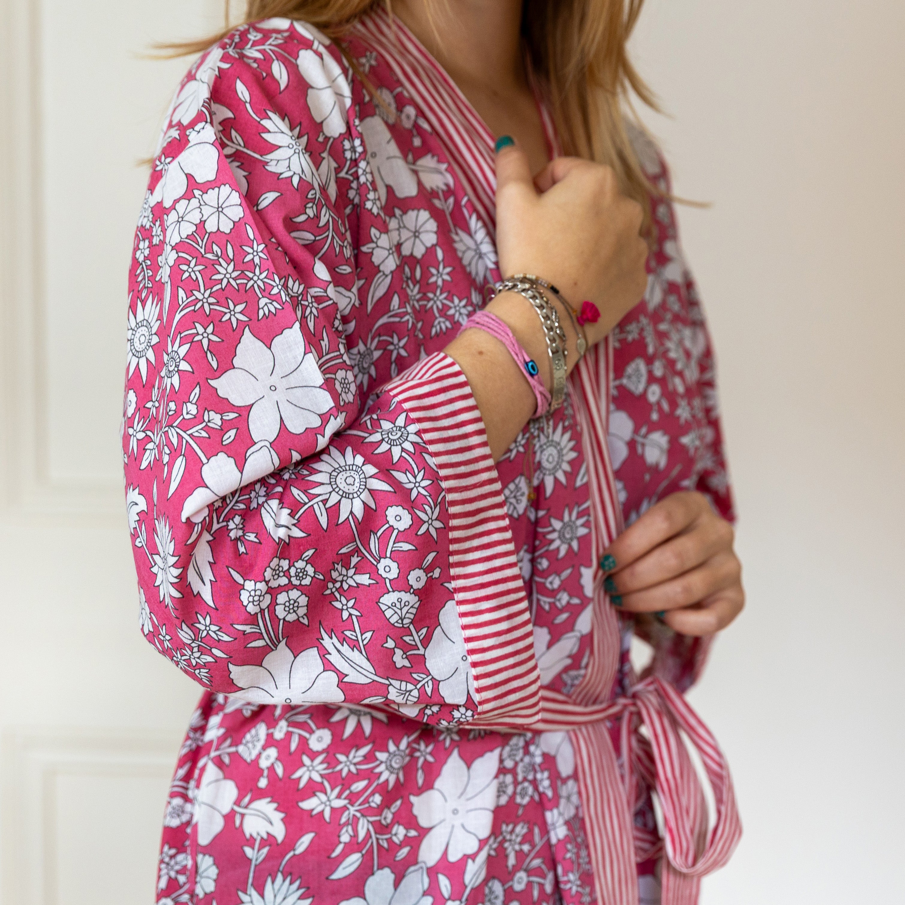 COTTON BLOCK PRINT KIMONO - ROSE PINK AND WHITE