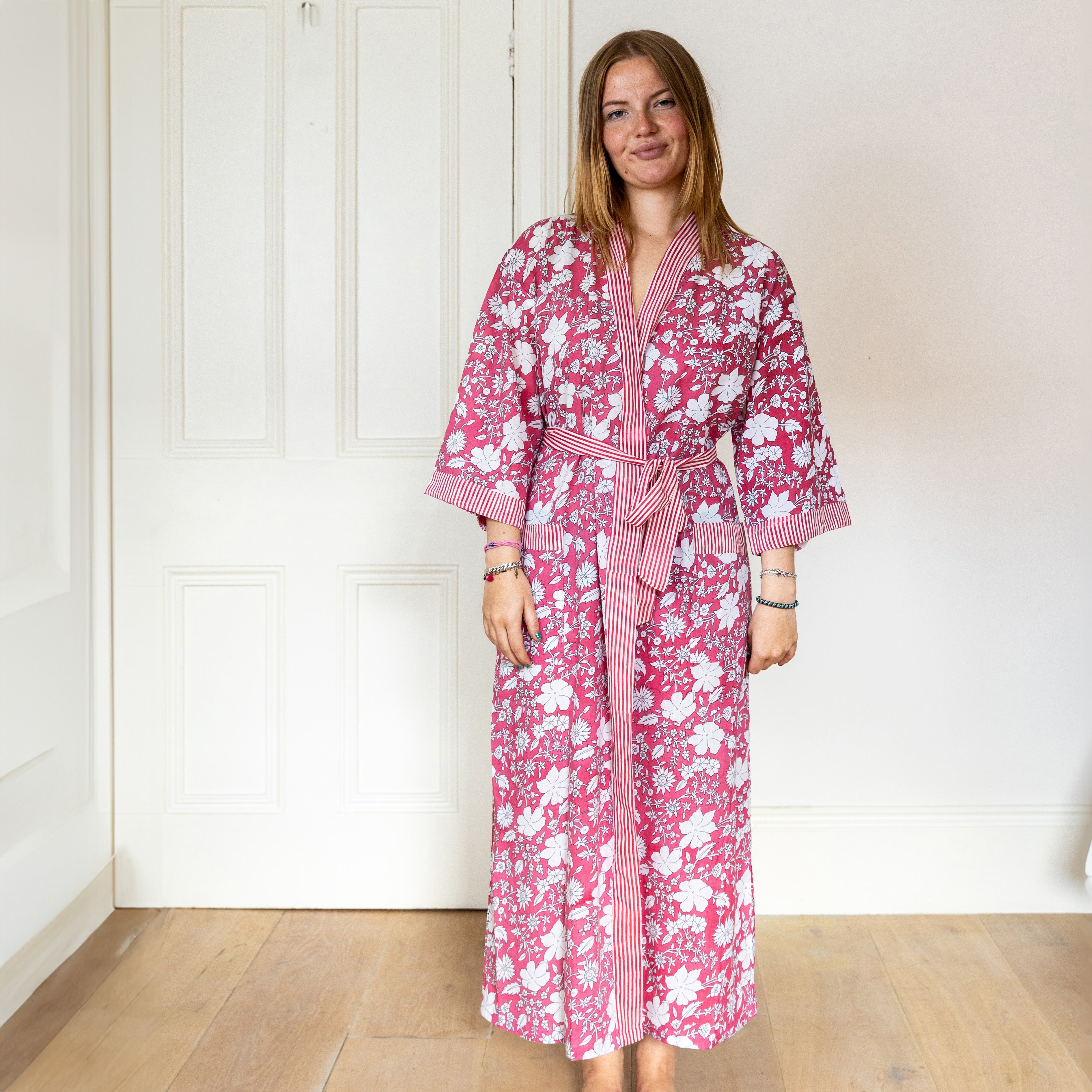 COTTON BLOCK PRINT KIMONO - ROSE PINK AND WHITE