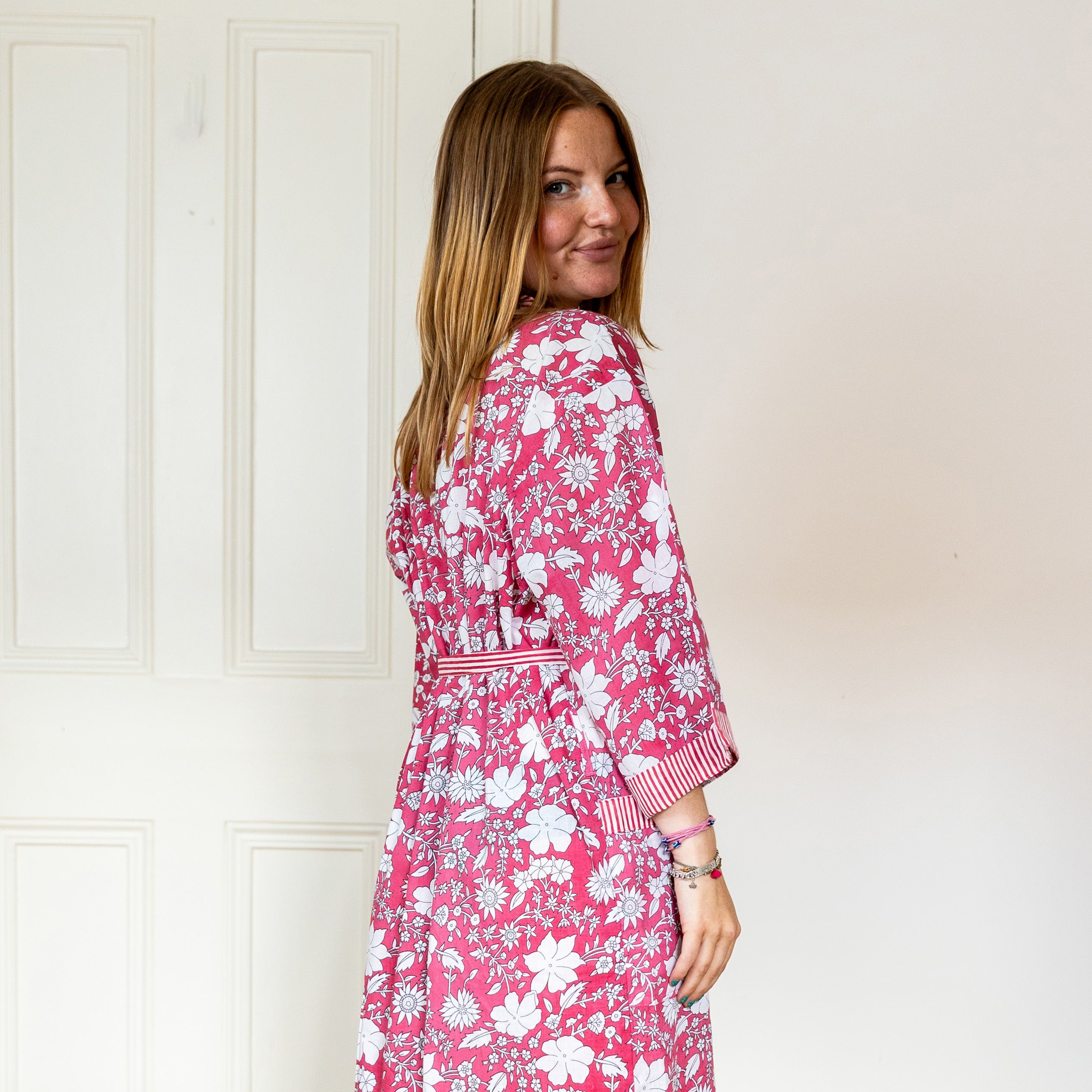 COTTON BLOCK PRINT KIMONO - ROSE PINK AND WHITE