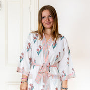 COTTON BLOCK PRINT KIMONO - WHITE AND PINK FLOWER