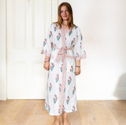 COTTON BLOCK PRINT KIMONO - WHITE AND PINK FLOWER