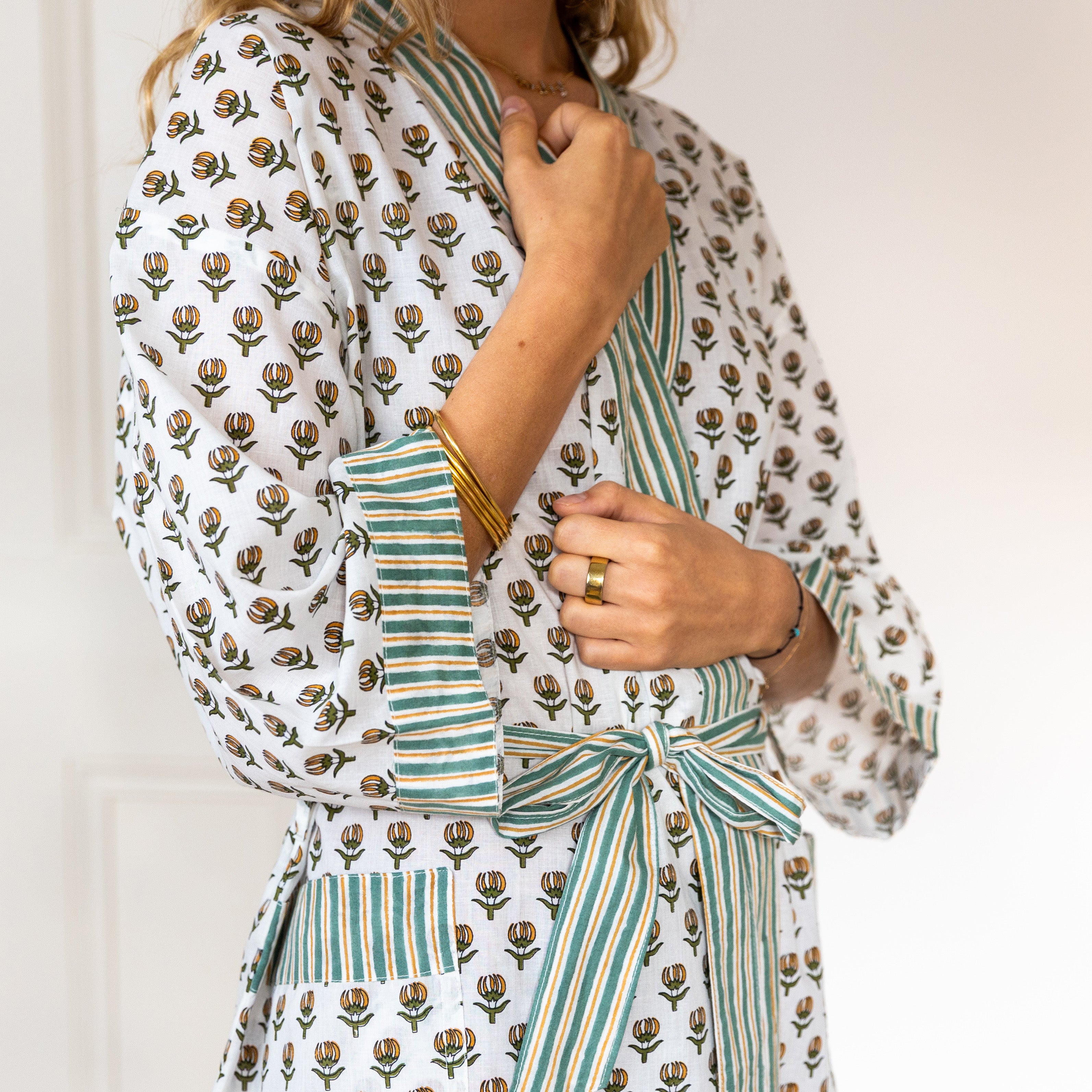 COTTON BLOCK PRINT KIMONO - GREEN FLOWER