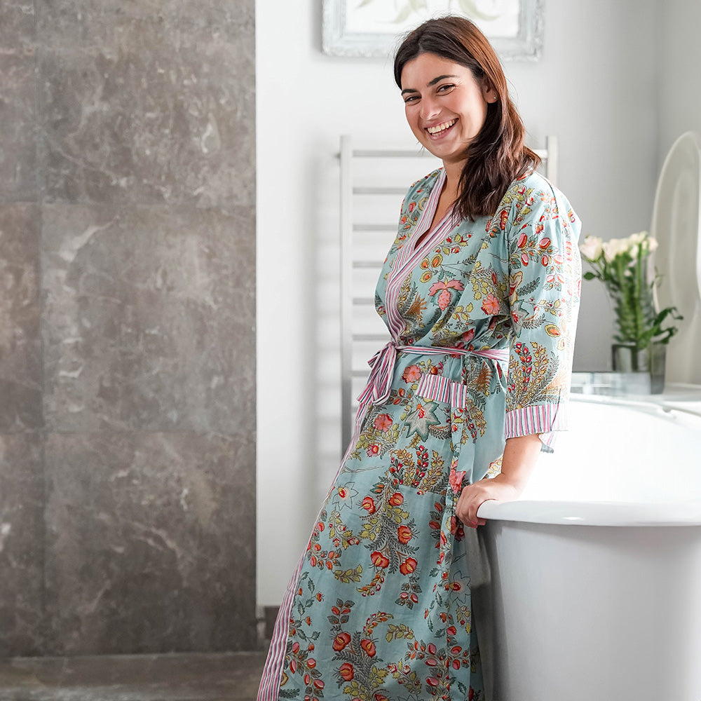 COTTON BLOCK PRINT KIMONO - PALE BLUE FLORAL
