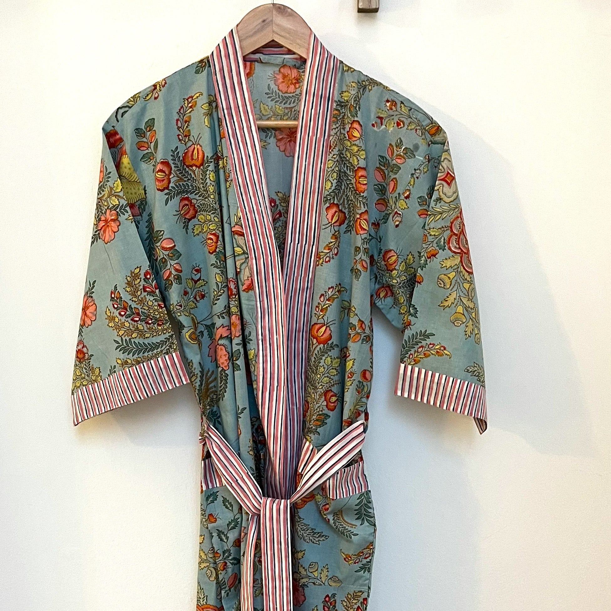 COTTON BLOCK PRINT KIMONO - PALE BLUE FLORAL