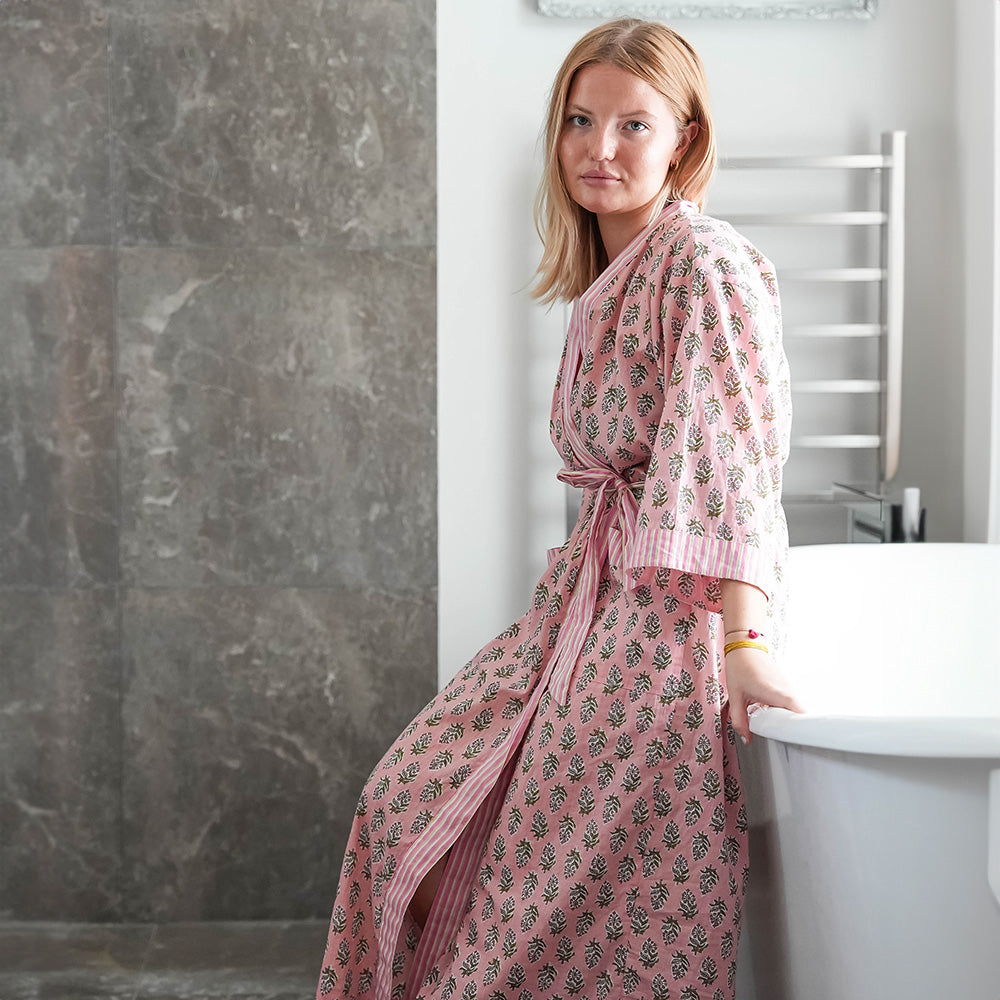 COTTON BLOCK PRINT KIMONO - PALE PINK AND GREEN