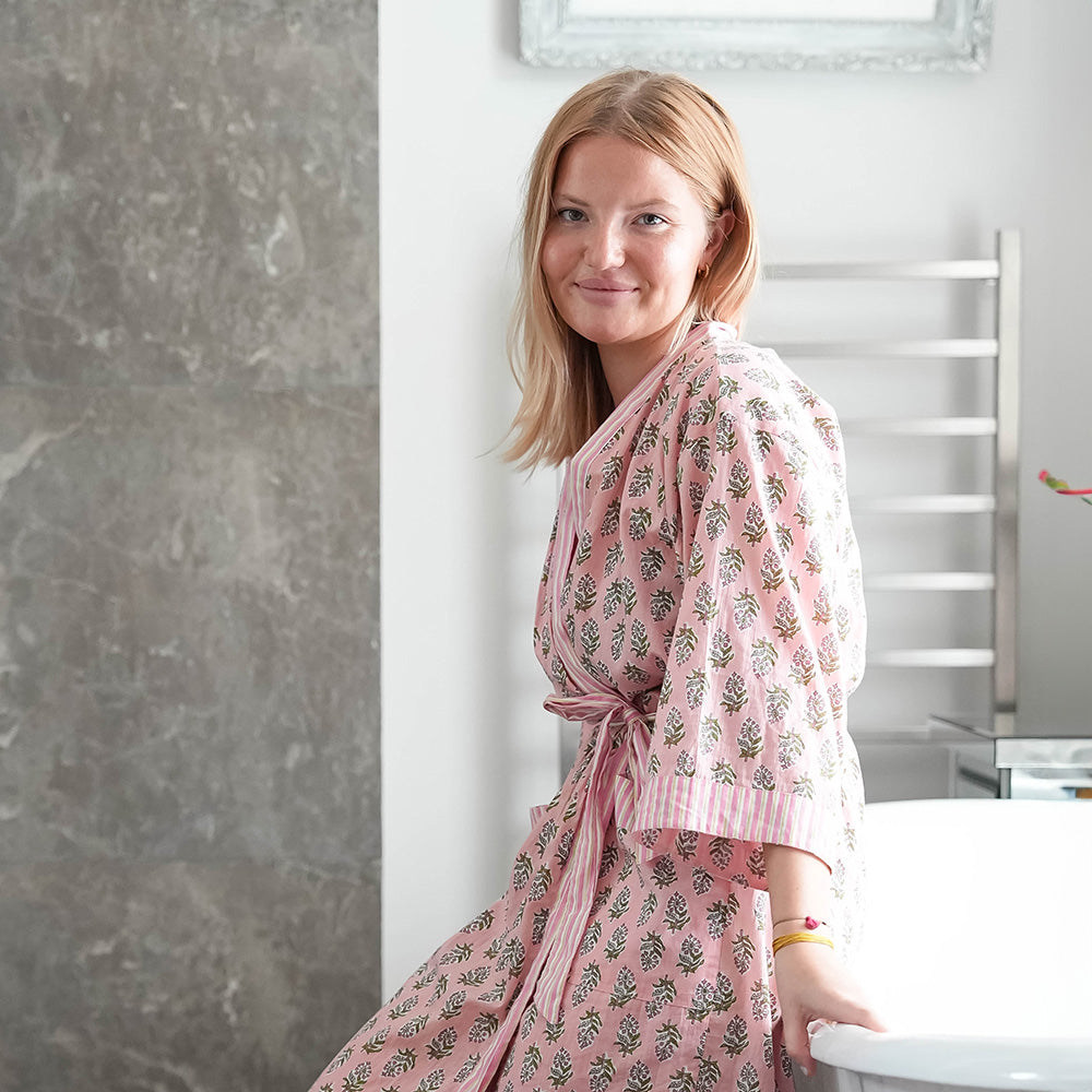 COTTON BLOCK PRINT KIMONO - PALE PINK AND GREEN