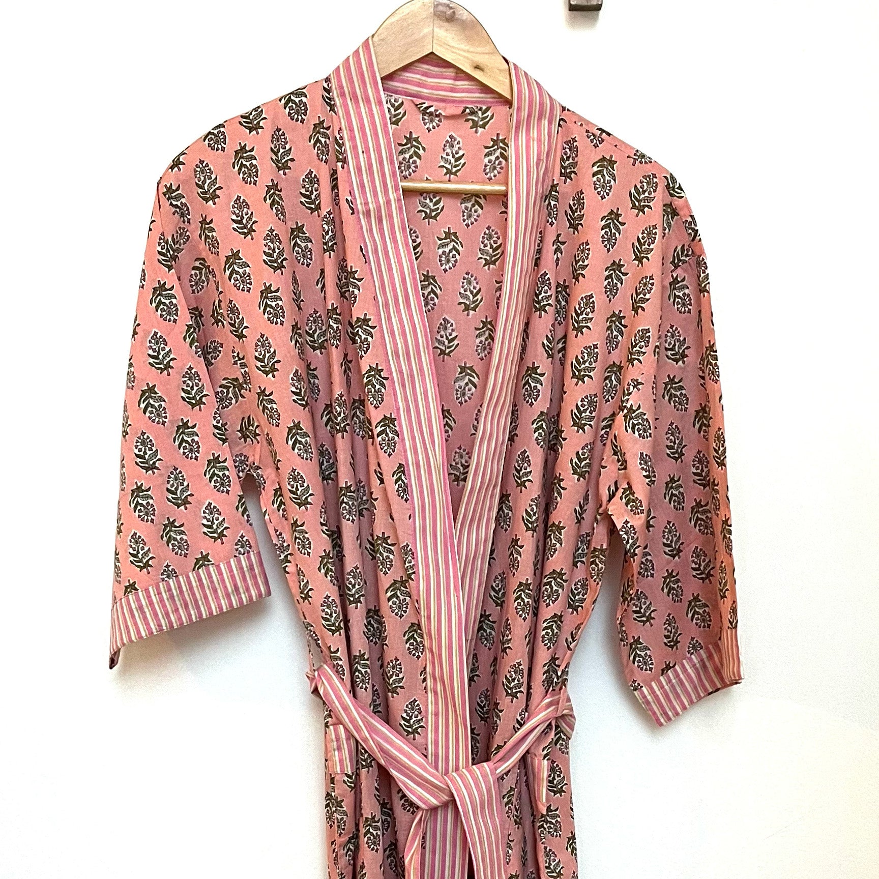 COTTON BLOCK PRINT KIMONO - PALE PINK AND GREEN