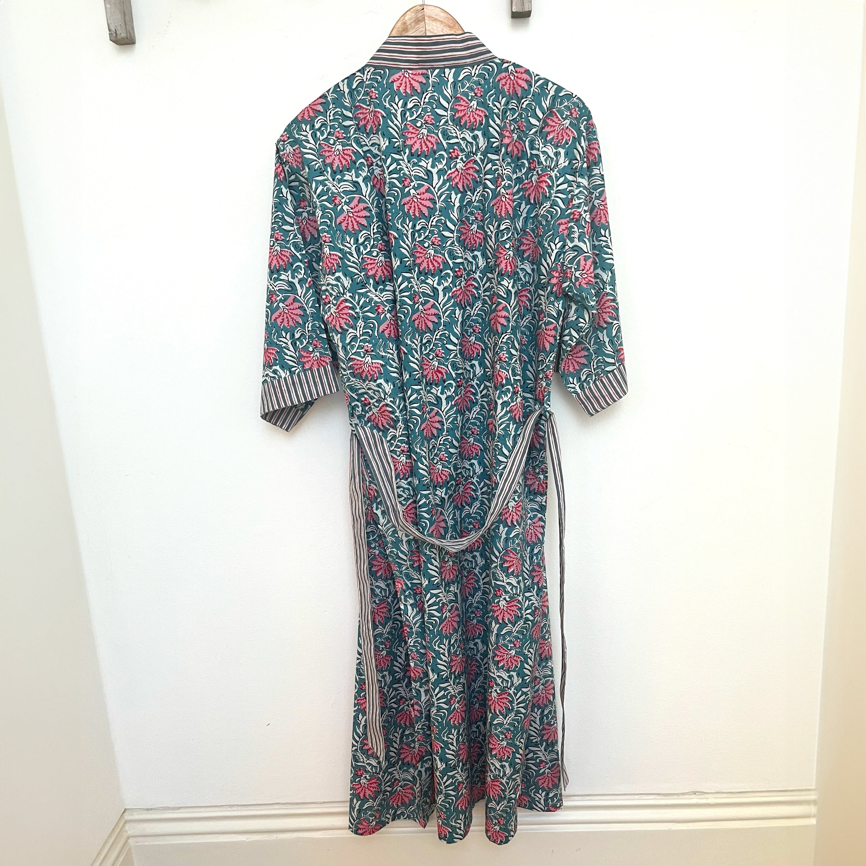 COTTON BLOCK PRINT KIMONO - PETROL BLUE AND PINK