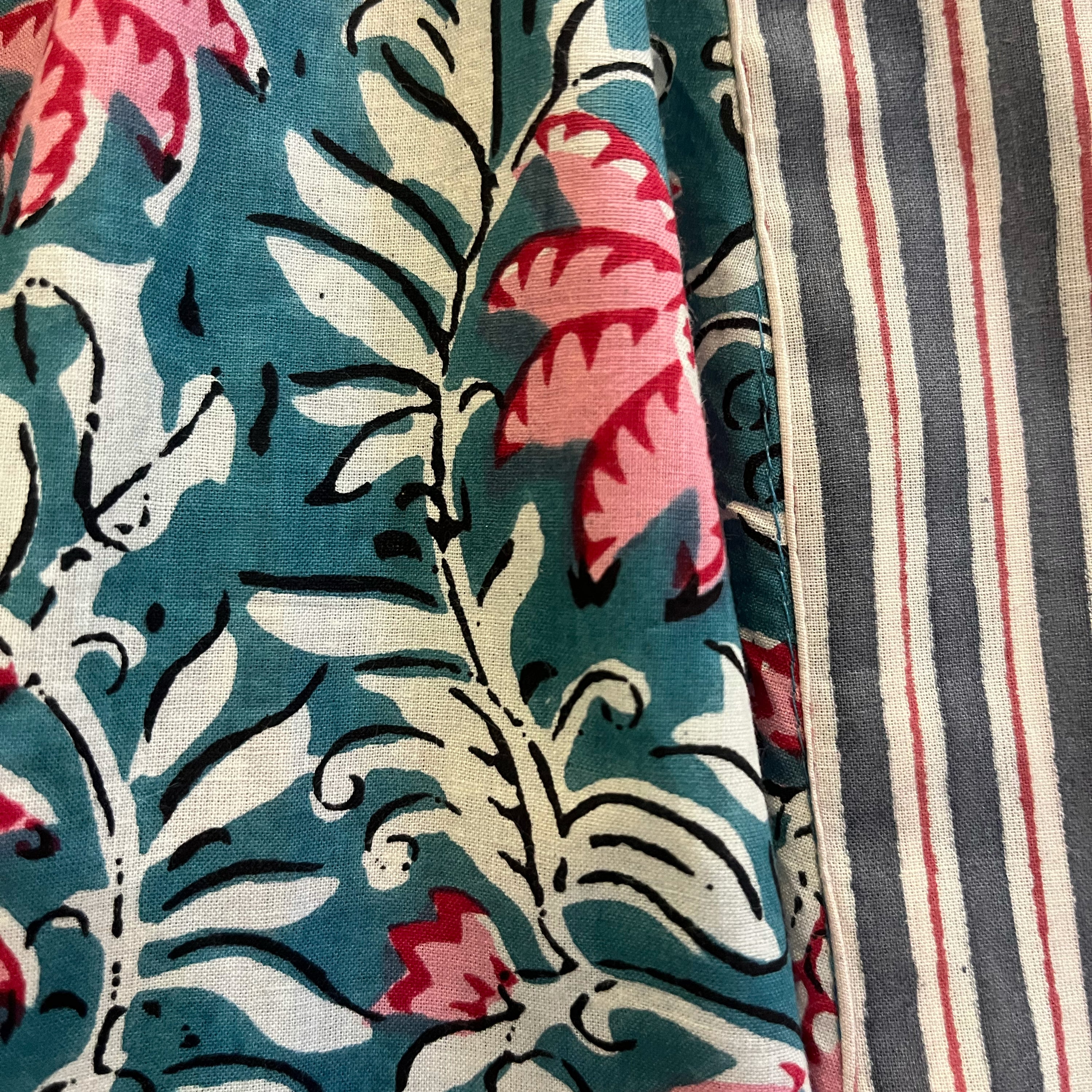 COTTON BLOCK PRINT KIMONO - PETROL BLUE AND PINK