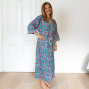 COTTON BLOCK PRINT KIMONO - PETROL BLUE AND PINK