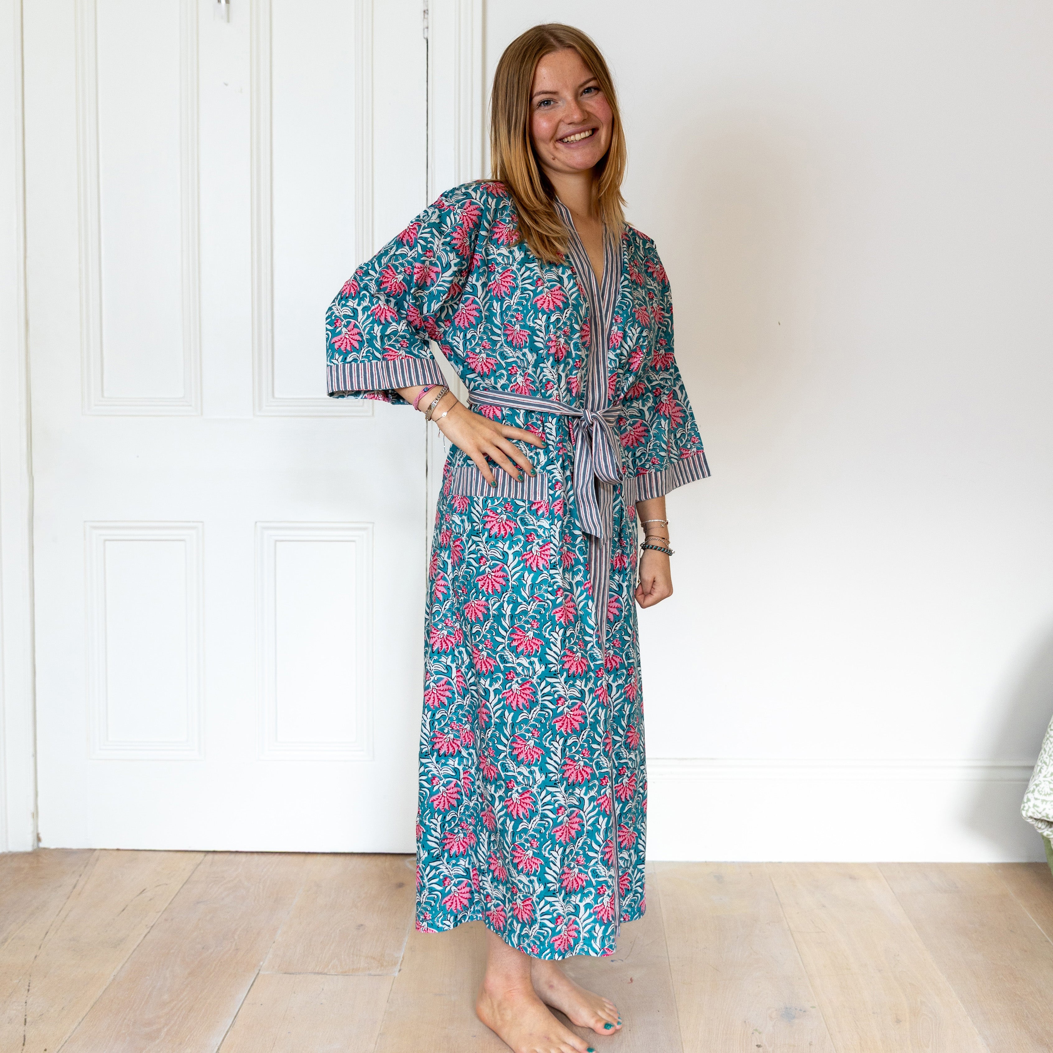 COTTON BLOCK PRINT KIMONO - PETROL BLUE AND PINK